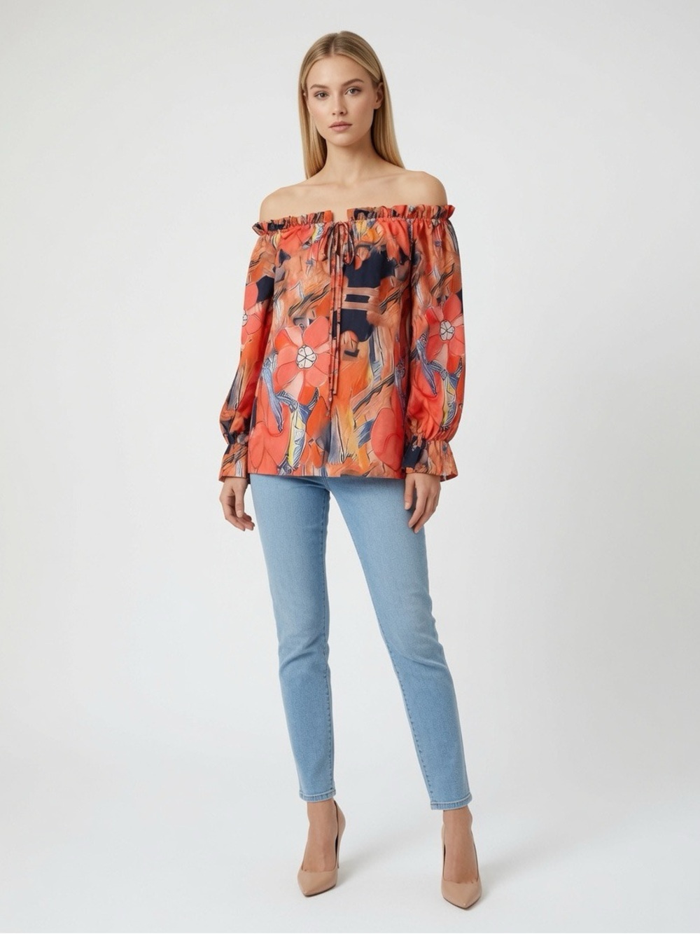 🧡🤍 Tyler Boe Summer Orange blouse with blouson cuffs.